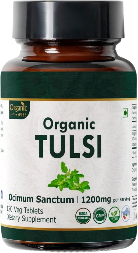 Tulsi 120 Tablety - USDA Organic Holy Basil - Podporuje Stress Relief & Adaptogenic Balance 124; Dietní doplněk 120tab