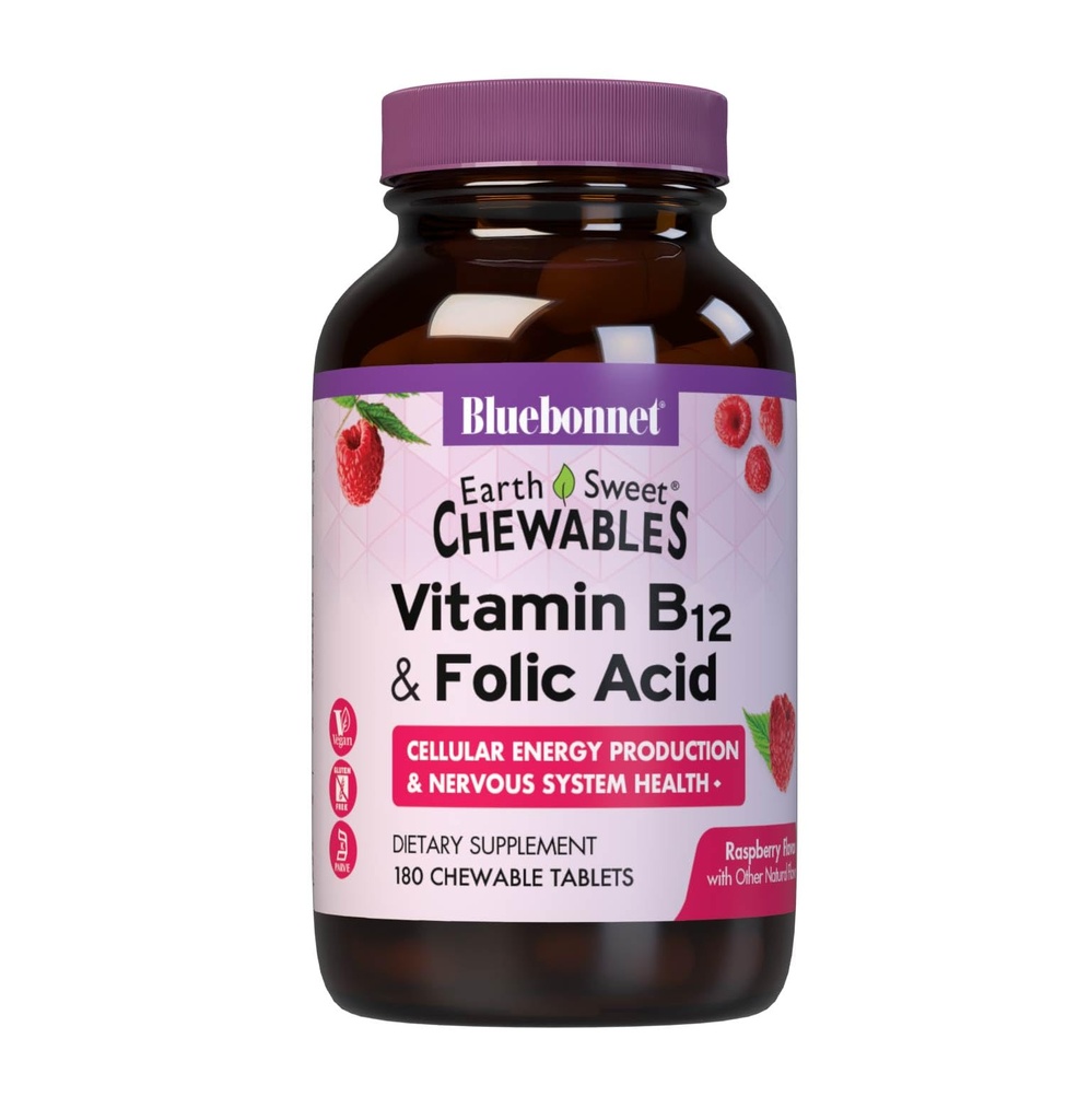 Bluebonnet Nutrition Earth Sweet Vitamin B12 1000 mcg & Folic Acid 400mcg Brain Health & Energy * Vitamíny pro ženy a muže - Vegan, gluten- Free Raspberry B 12 Vitamin - 180 Žvýkací tablety