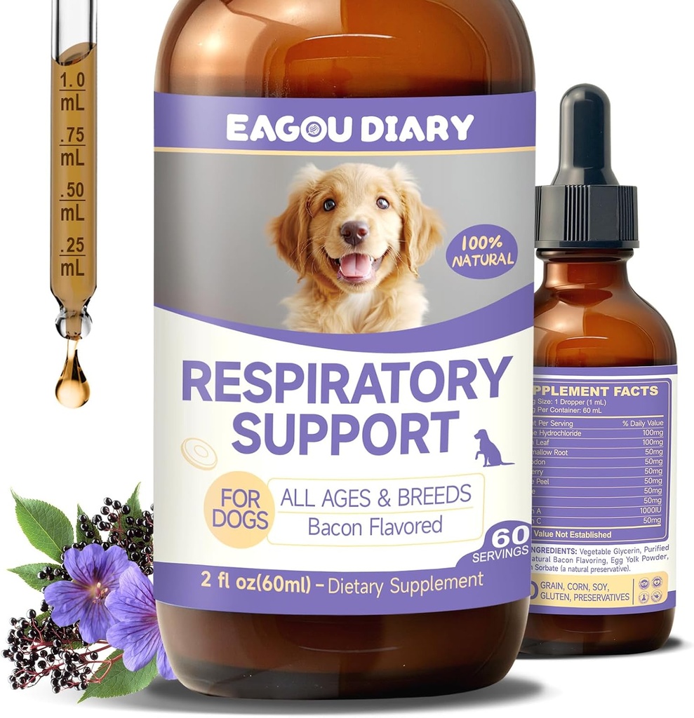 EagouDiary Dog Kašel Léčba, Kašel tekutý kašel Lysin, Mullein, Vitamíny, Přírodní doplněk pro psy Respirační, Chtíč, Sucho, Mokré a Barky Relief (60ml / 2 Fl Oz)