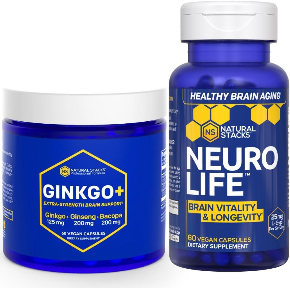 NATURAL STACKS Ginkgo Biloba + NeuroLife Supplement Bundle - Podporuje duševní výkonnost a dlouhověkost mozku * - 120 Celkem Kapsle