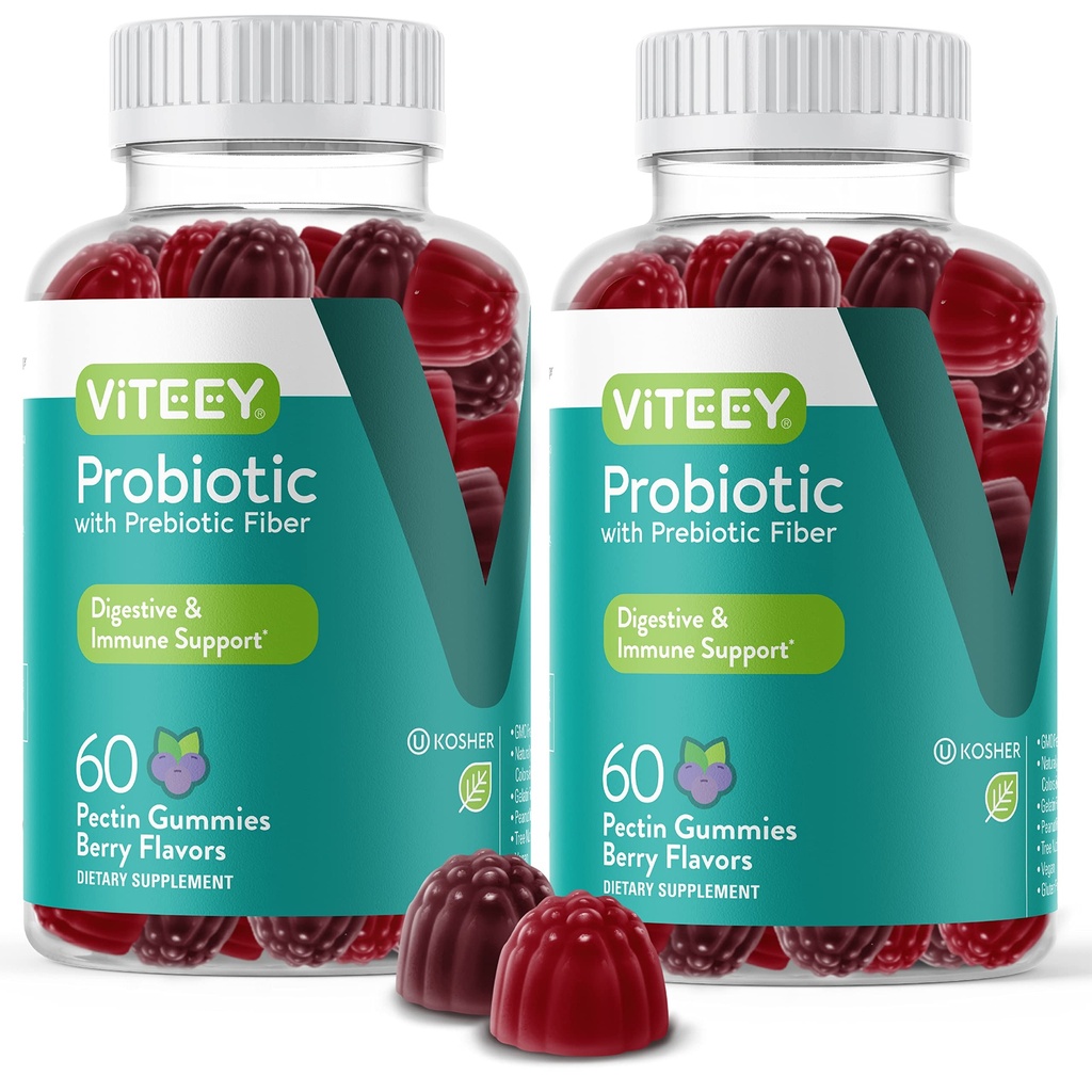 VITEEY Probiotické gumy s prebiotiky - Gut Zdravotní doplňky pro stravitelné zdraví - 2 miliardy CFU - Vegan, gluten- Free - 120 Počet