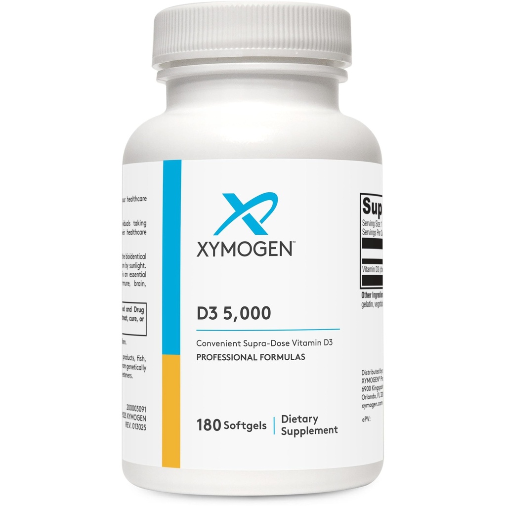 XYMOGEN D3 5000 - Biologicky dostupný vitamin D3 5000 IU (125 mcg) - Doplněk vitaminu D k podpoře imunitního zdraví, zdraví kostí + srdce (180 Softgels)