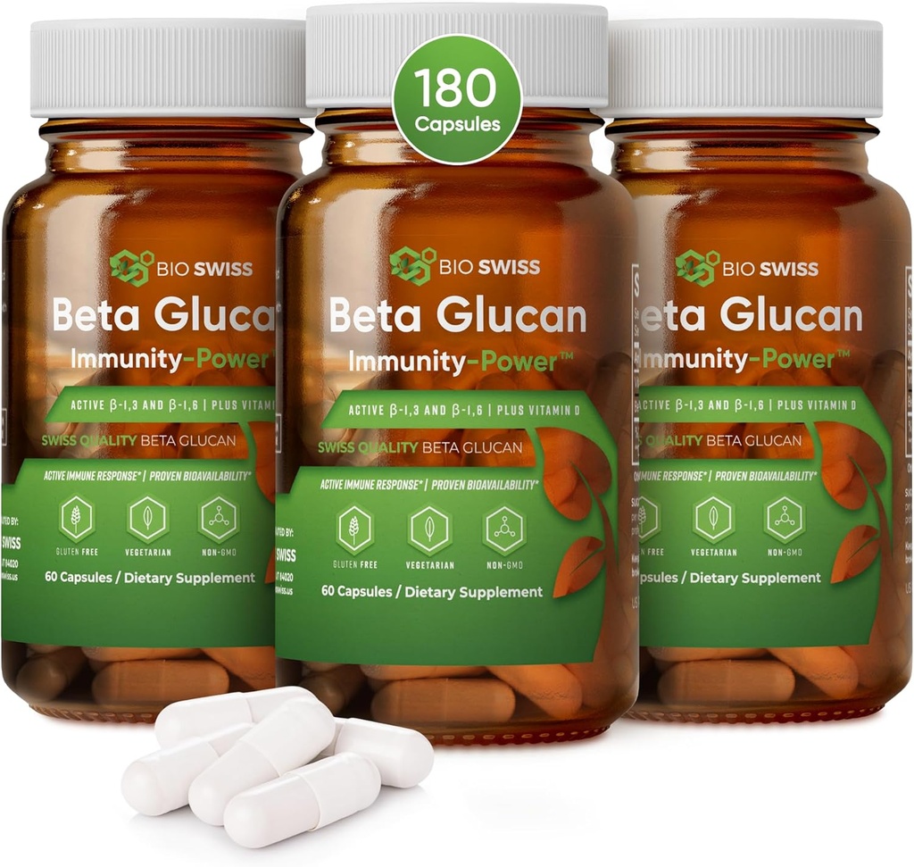 Bio švýcarská Beta Glucan Imunity Power - 1,3D-1,6D Glucan s vitamínem D - doplněk imunitní podpory pro vylepšenou obranu a wellness - Vegan, gluten- Free (180 Kapsle)