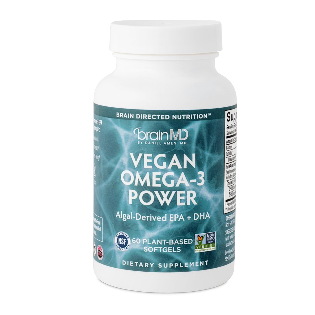 BRAINMD Dr. Amen Vegan Omega33 Power - 60 Plant- Based Softgels - 1,100 mg EPA & DHA - Podporuje zaměření, paměť a srdeční zdraví - Vegan, Gluten Free & Non- GMO - 30 Služeb