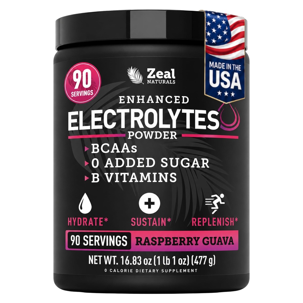 Zeal Naturals Electrolyte Powder Recovery Drink (90 Služeb 124; Raspberry Guava) w 0 Cukr + BCAA + B-Vitamíny Electrolyte Supplement w Draslík Zinek a hořčík pro hydrataci - Keto Electrolytes