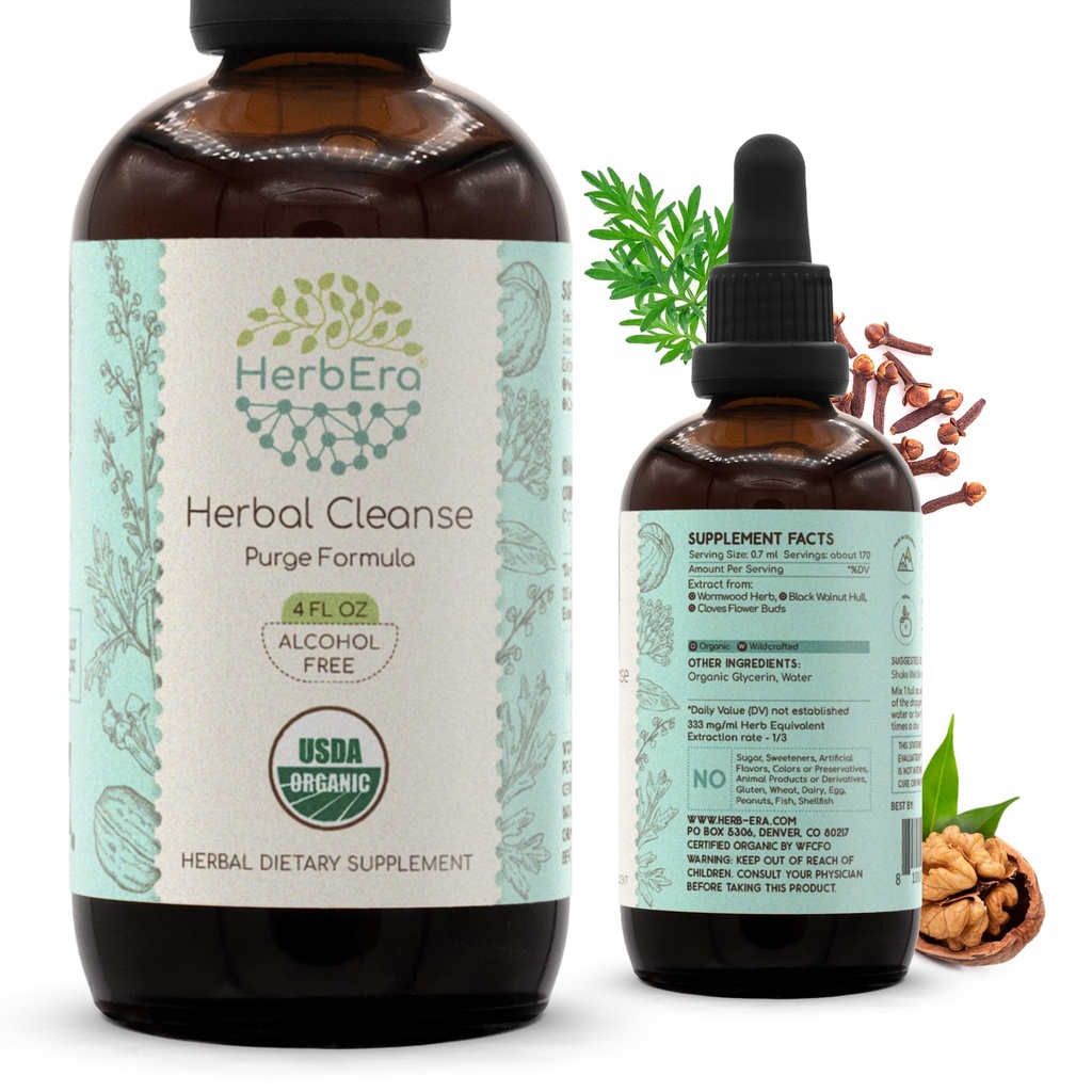 HerbEra Herbal Cleanse Organic Alcohol- Free Tincture CLAS124; Detox a Cleanse Formule, Extract Supplement CLAS124; Organic Wormwood Herb, Black Walnut Hull, Cloves Flower Buds CLAS124; Purge Extract (4 fl oz)