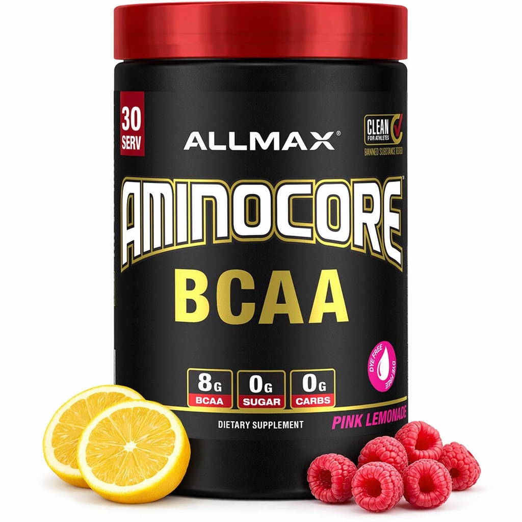 ALLMAX Nutrition AMINOCORE BCAA - 8G BCAA - 100% čisté rozvětvené aminokyseliny - bez glutenu - Růžová citronáda - 315 Gram
