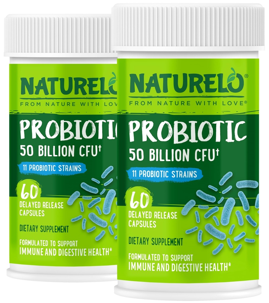 NATURELO Probiotika pro stravitelné zdraví - 50 miliard CFU, 11 Straines, Denní Use Supplement - Zvýšení imunitního systému, opožděné uvolnění, nulová lednička, 60 Vegetariánských kapslí (Balení po 2)
