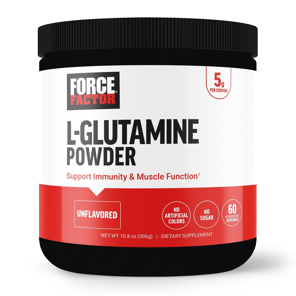 FORCE FACTOR L-glutamin prášek pro post cvičení zotavení, svalové zotavení, zdravé svalové funkce, a imunita, 5000mg / 5g glutamin dodatek, Vegan, Non- GMO, 60 Služební