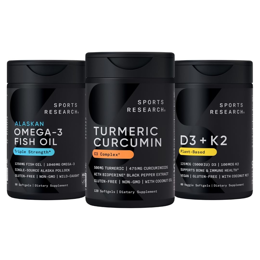 Sports Research Wild Alaskan Pollock Omega 3 Fish Oil 90 Softgels (1250 mg), Turmeric Curcumin C3 Complex (120 Softgels) a Vegan 5000 IU Vitamin D + 100mcg Mk7 Vitamin K (60 Softgels)