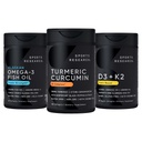 Sports Research Wild Alaskan Pollock Omega 3 Fish Oil 90 Softgels (1250 mg), Turmeric Curcumin C3 Complex (120 Softgels) a Vegan 5000 IU Vitamin D + 100mcg Mk7 Vitamin K (60 Softgels)