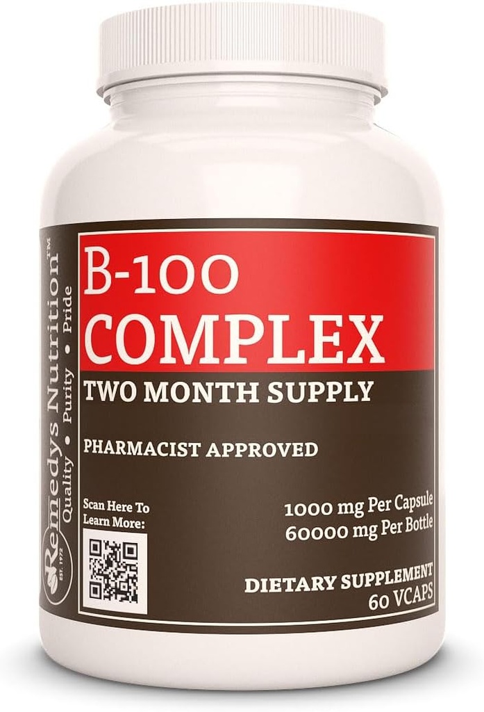 Remedyho výživa Vitamin B- 100 Komplexní 124; 1000 mg, 60 Vegan Kapsle Dietní dodatek 124; Dva měsíce Dodávka