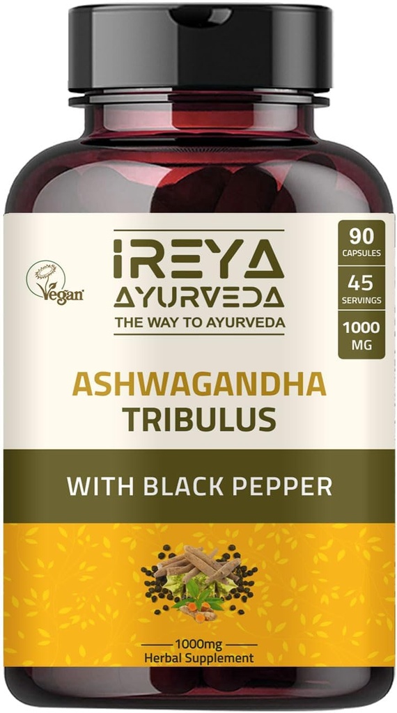 Ashwagandha Kapsle Organic 1000mg (90 Kapsle) Vyrobeno s Tribulus Terrestris, Shatavari a Black Pepper Organic Ingredients 124; 45 Days Supply