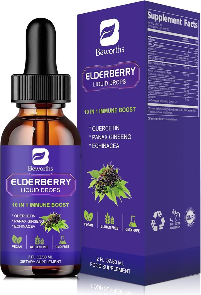 Elderberry Sirup 124; Quercetin Black Elderberry Liquid Drop s Quercetin, Panax Ginseng pro Imunitní podporu 124; Sambucus Elderberry s vitaminem C a zinkem, D3 Virupan 124; Vegan Virupan 124; Non- GMO Virus124; Original