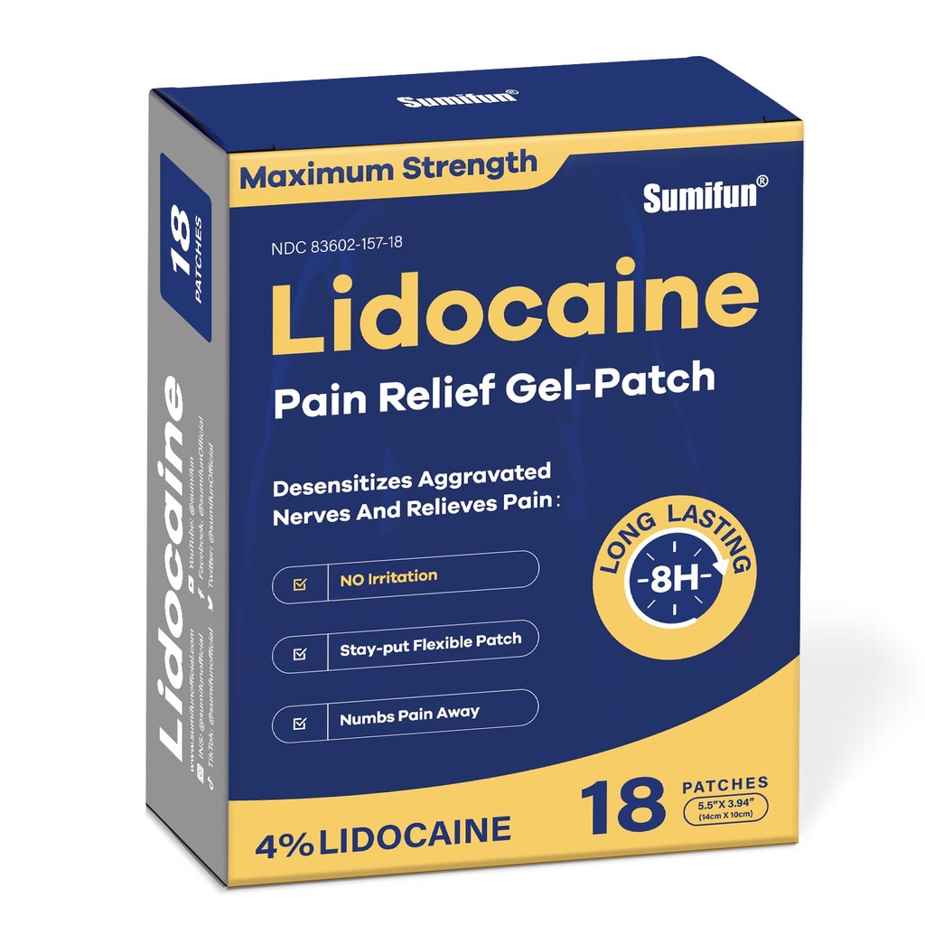 Sumifun 4% Lidokain Pain Relief Patches - OTC maximální síla - Flexible & Long- Lasting, 18- Count Lidokain Patches for Back, Neck, Muscle, Joint Pain - Nevonná bolest Patch