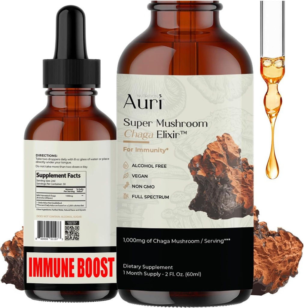 Auri Super Chaga Elixir - Houba Superfood Liquid dodatek s plným spektrem imunitní podpora z oxidativního stresu a energetického zdvihu - Chaga tinktura 60ml