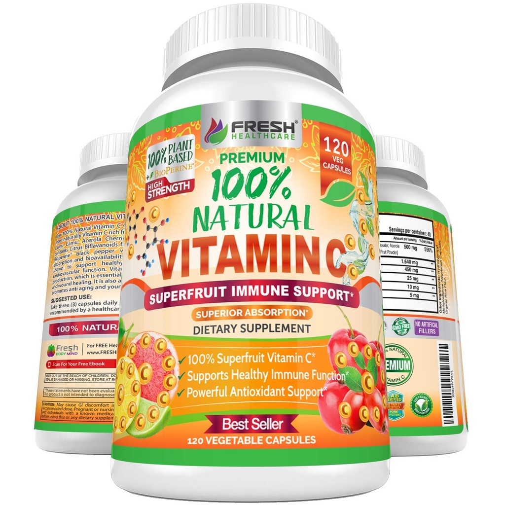 Fresh Healthcare 100% přírodní vitamín C - 500 mg od Rose HIPS, Acerola Cherry & Camu Camu - vysoká absorpční imunitní podpora, kůže, kloub a kolagen Booster s Citrus Biflavonoidy - 120 Kapsle