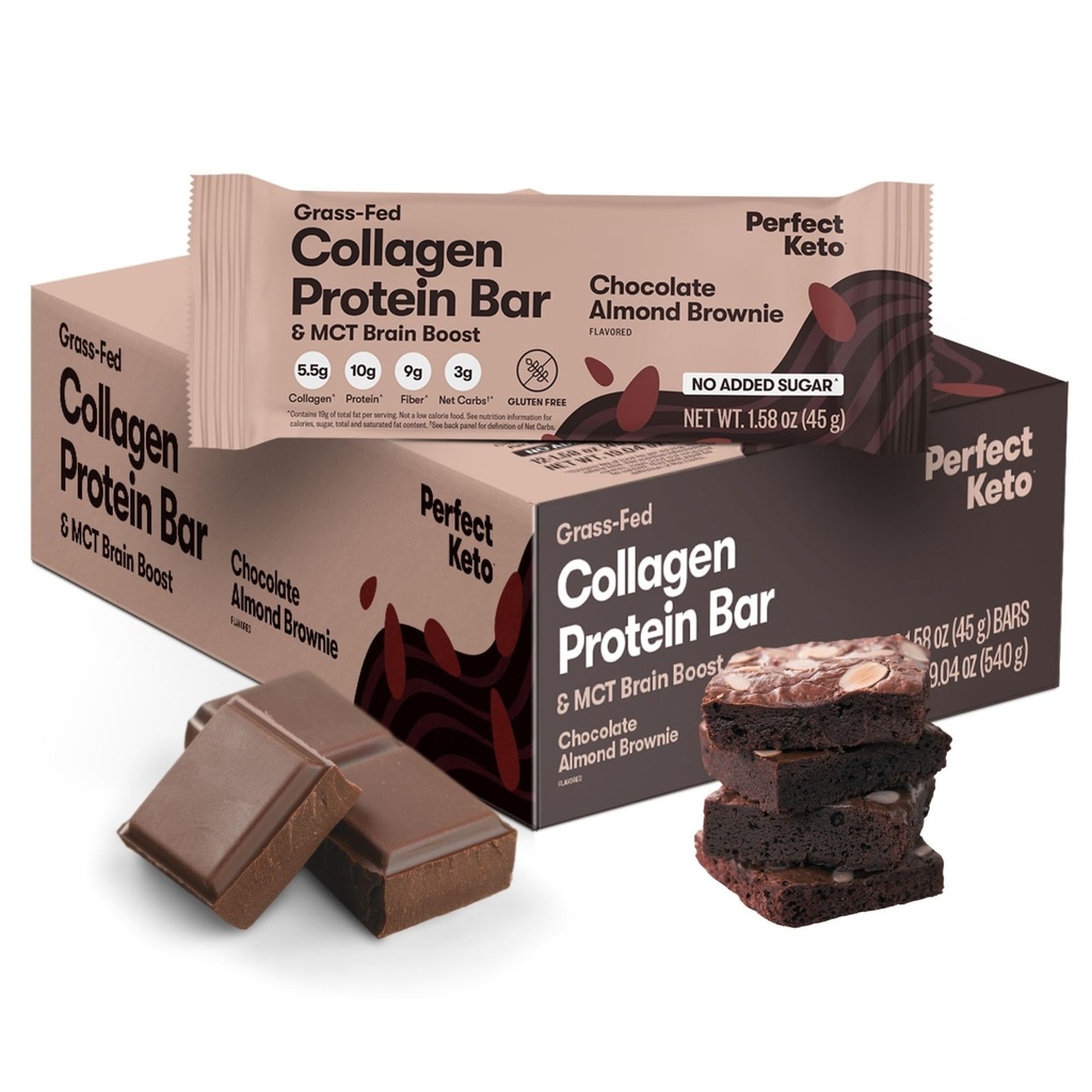 Perfektní Keto Bary - Nejčistší Keto Snacks s kolagen a MCT. No Add Sugar, Keto Diet Friendly - 3g Net Carbs, 19g Fat, 10g protein - Diet Food Dessert (Mandlové máslo Brownie, 12 Bary)