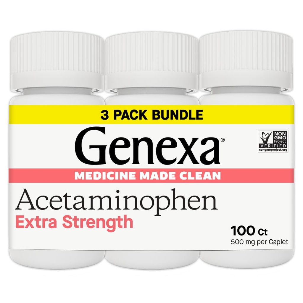 Genexa Clean Acetaminophen 500mg Extra Strength, Barvy Free Pain Reliever Fever Reducer, 0% Umělé přísady, Pain Medicine pro dospělé, Zmírňuje bolest hlavy, Bolest zad, Menší bolest artritidy, 300 tablet