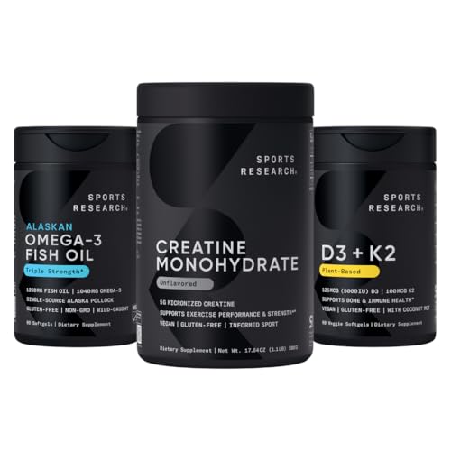 Sports Research Triple Strength Omega 3 Fish Oil - Neškodlivý doplněk rybího oleje w / EPA & DHA Fatty Acids, Creatin Monohydrát & Plant based Vitamin D3 K2 s kokosovým olejem