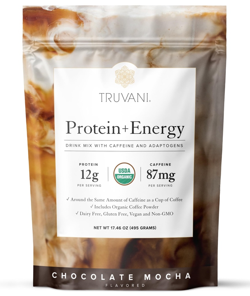 Truvani Protein + Energy Drink Mix s 87mg kofeinu 124; Chocolate Mocha coffee 124; 12g Organic Plant Based Protein 124; 20 Servings CUP124; USDA Organic Coffee Powder & Adaptogens CUP124; Gluten & Dairy Free CUP124; Vegan