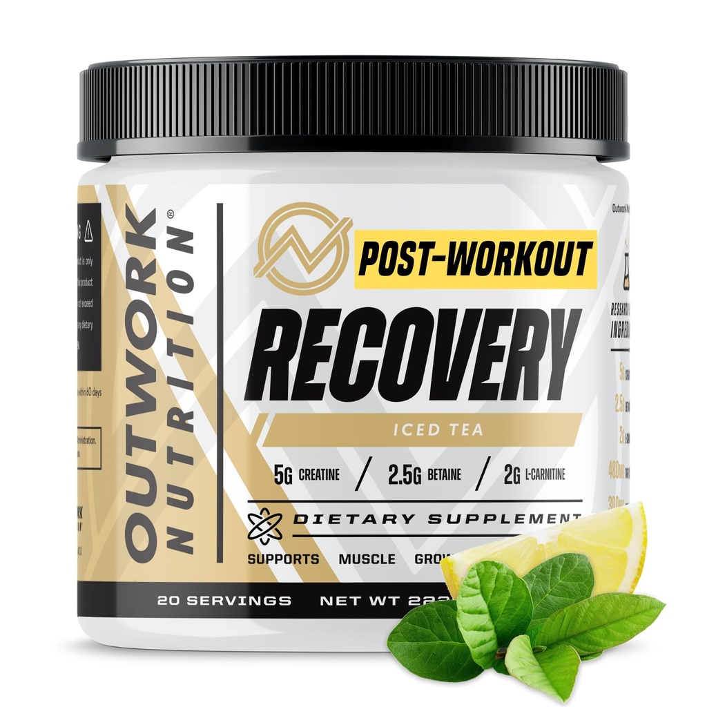 Outwork Nutrition Post Workout Recovery Powder - Creatine Monohydrát, KSM- 66 Ashwagandha & Tart Cherry - Speeds Recovery, Eases Senighty - Creatine Powder for men & Women, Ledový čaj, 240 Gr