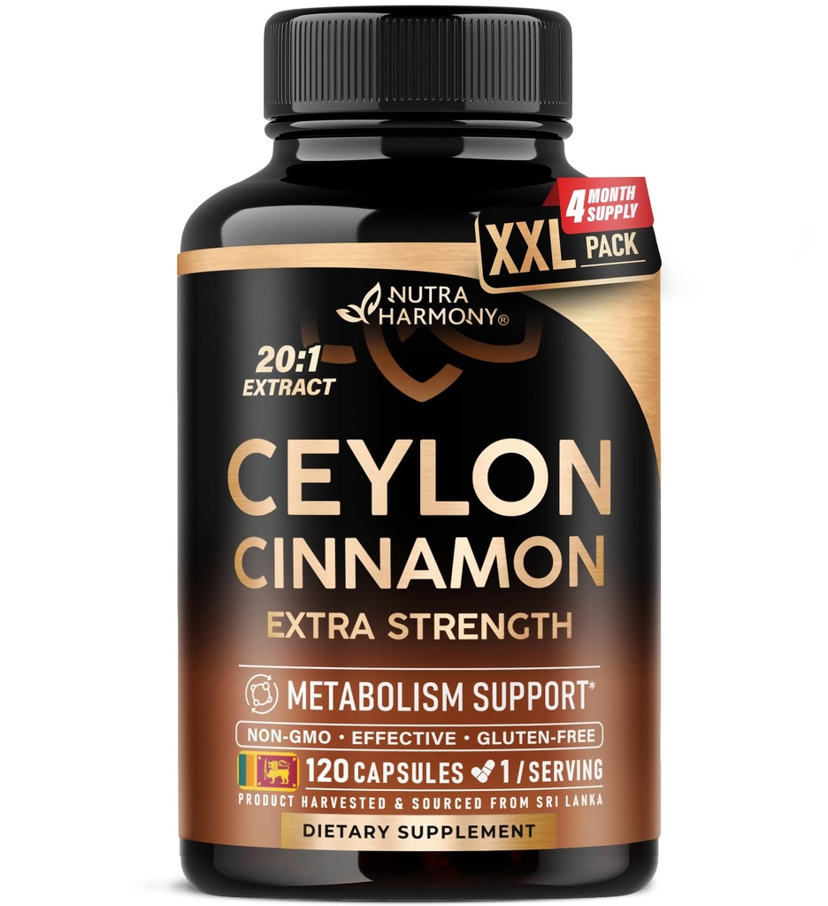 Ceylon Skořice Kapsle - Extra Strength - Energy, Heart & Metabolismus Podpora - Pro muže a ženy - Čistý přírodní extrakt 20: 1 Dodatek - Made in USA - GMO & Gluten zdarma, 120 Kapsle, 4 Měsíční dodávky