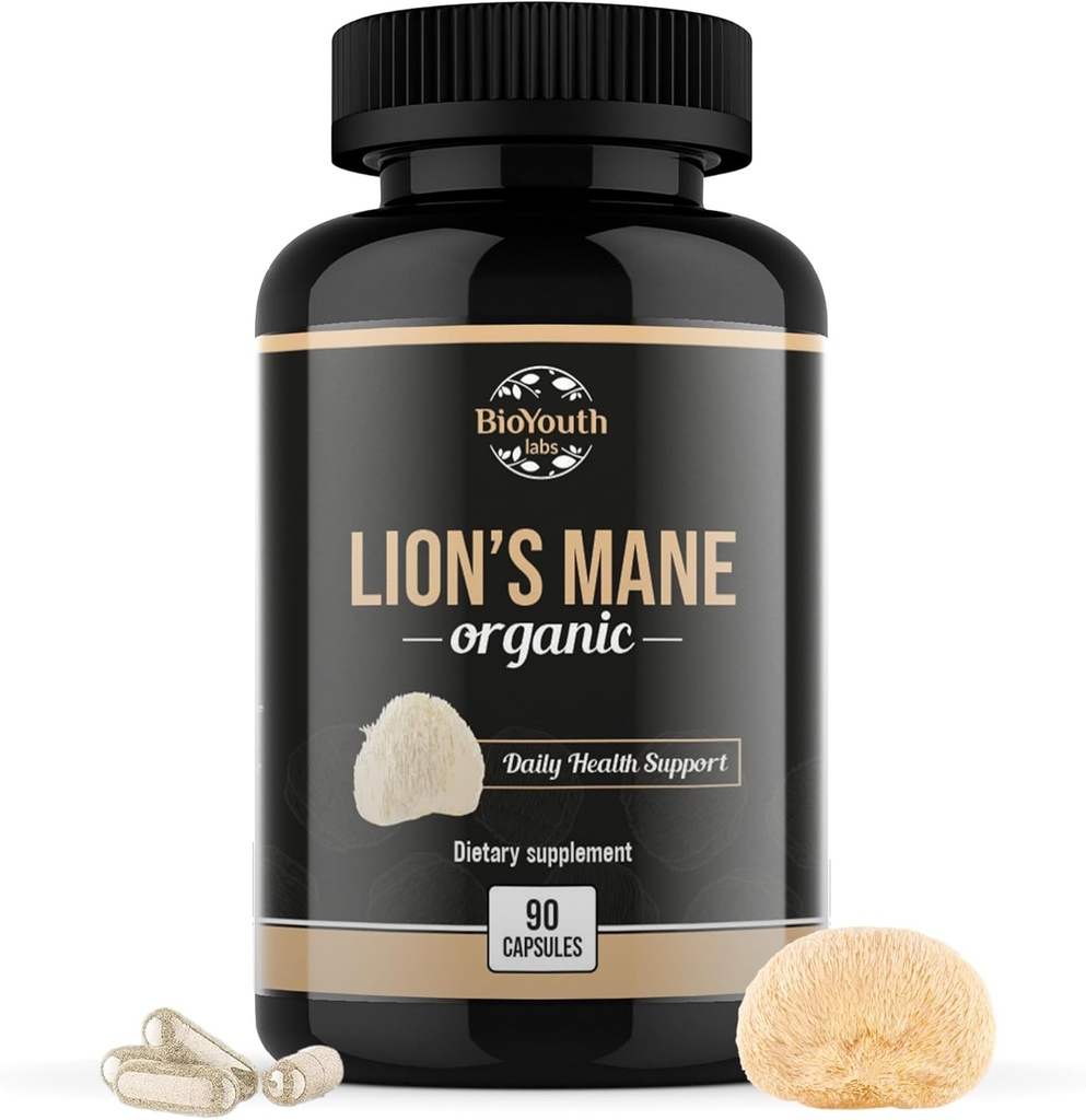 Organic Lions Mane Brain Support Dietní dodatek Premium Lions Mane Houba Extract - 90 Kapsle