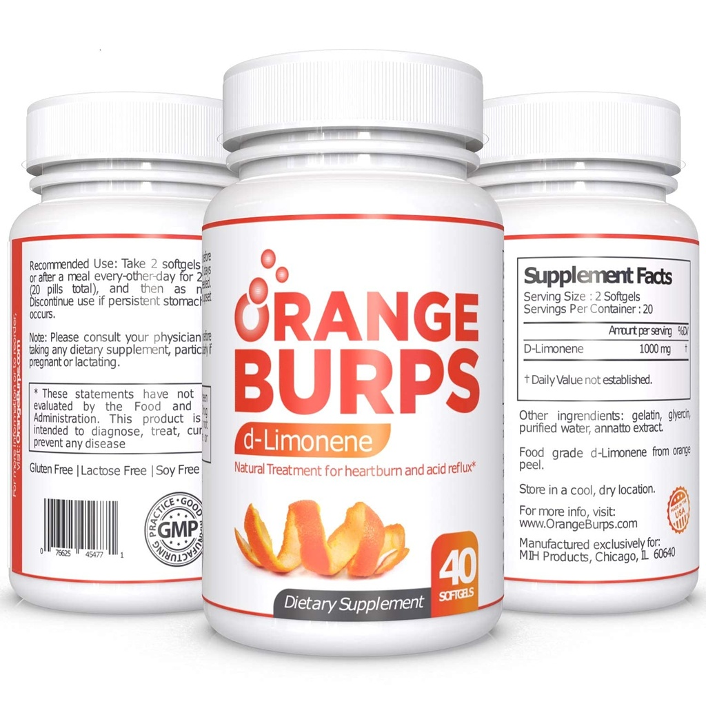 Orange Burps CLAS124; D-Limonene Supplement - Acid Reducer (Antacid for acid Reflux), Heartburn Relief, GERD Relief, and Indigestion Relief CLAS124; Orange Peel Extract for Health and Wellness (1000 mg, balení 3)