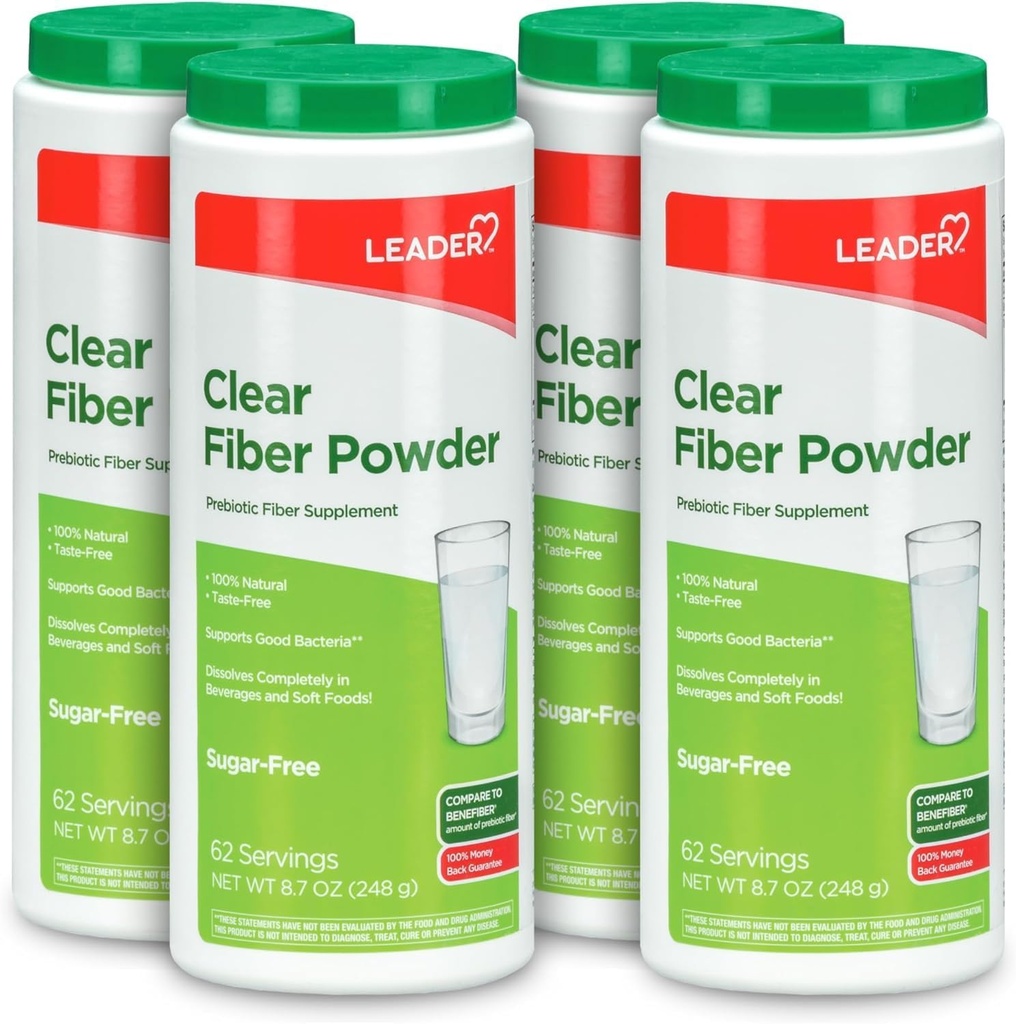 Leader Prebiotic Fiber dodatek Prášek pro stravitelné zdraví, 100% přírodní denně Fiber Powder, Sugar- Free, Chuť-Free, Gluten Free, Non-GMO, Neochucené, 62 Služeb (8.7 OZ) (balení po 4)