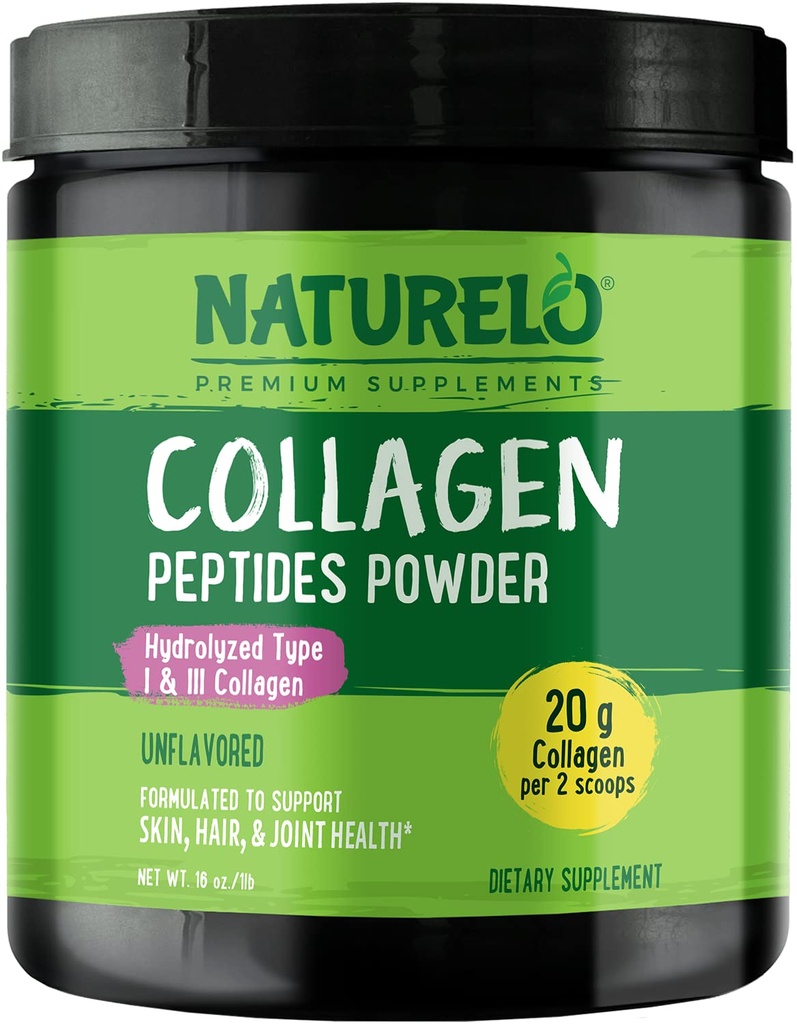 NATURELO Kolagen Peptid Powder, Hydrolyzované Kolagen Typ I & III, Kožní vlasy a společné zdraví - Neochucené, 16 Ounces current 124; 45 Servings