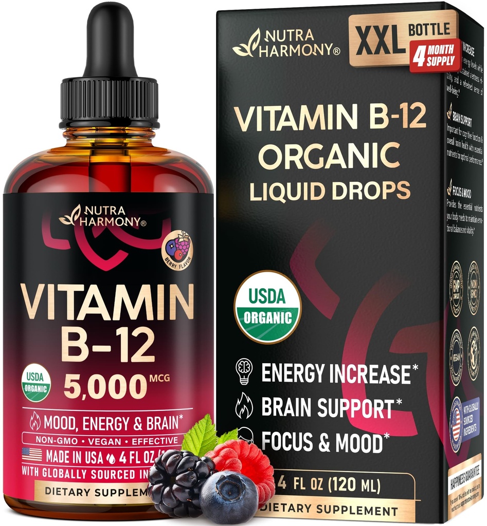 USDA Organic Vitamin B12 Sublingual Drops - 5000 mcg Liquid Vegan Methylkobalamin pro ženy a muže - Energy Boost, Focus & Mood, Brain Health Support - Maximalizovat absorpci - 4 měsíce dodávky, 4 fl oz