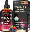 USDA Organic Vitamin B12 Sublingual Drops - 5000 mcg Liquid Vegan Methylkobalamin pro ženy a muže - Energy Boost, Focus & Mood, Brain Health Support - Maximalizovat absorpci - 4 měsíce dodávky, 4 fl oz