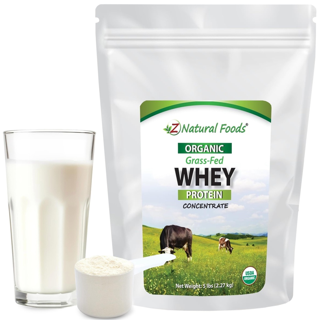 Z Natural Foods Organic Whey Protein Concentrate - Nutrient- Dense Grass Fed Whey Protein Powder - Studený zpracovaný čistý syrovátkový protein s esenciálními aminokyselinami pro výživu a fitness, bez příchutí, 5 liber