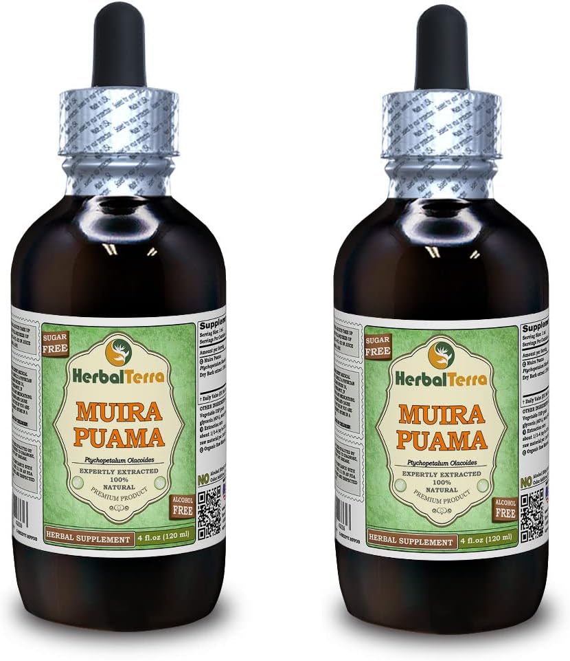 Muira Puama (Ptychoptetalum Olacoides) Glycerit, Organic Alcohol- Free Liquid Extract (Značka: HerbalTerra, Proudly Made in USA) 2x4 fl.oz (2x120 ml)