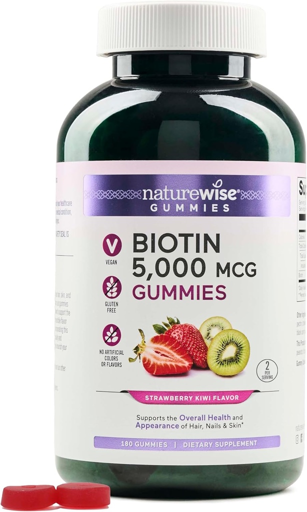 NatureWise Biotin Gummies - Podporuje zdravé vlasy, kůži a silné nehty - Vitamin B7 5000mcg - Přírodní krása - Strawberry-Kiwi Flavor - Vegan, Non- GMO, Lepek zdarma - 180 Počet [90 Day Supply]