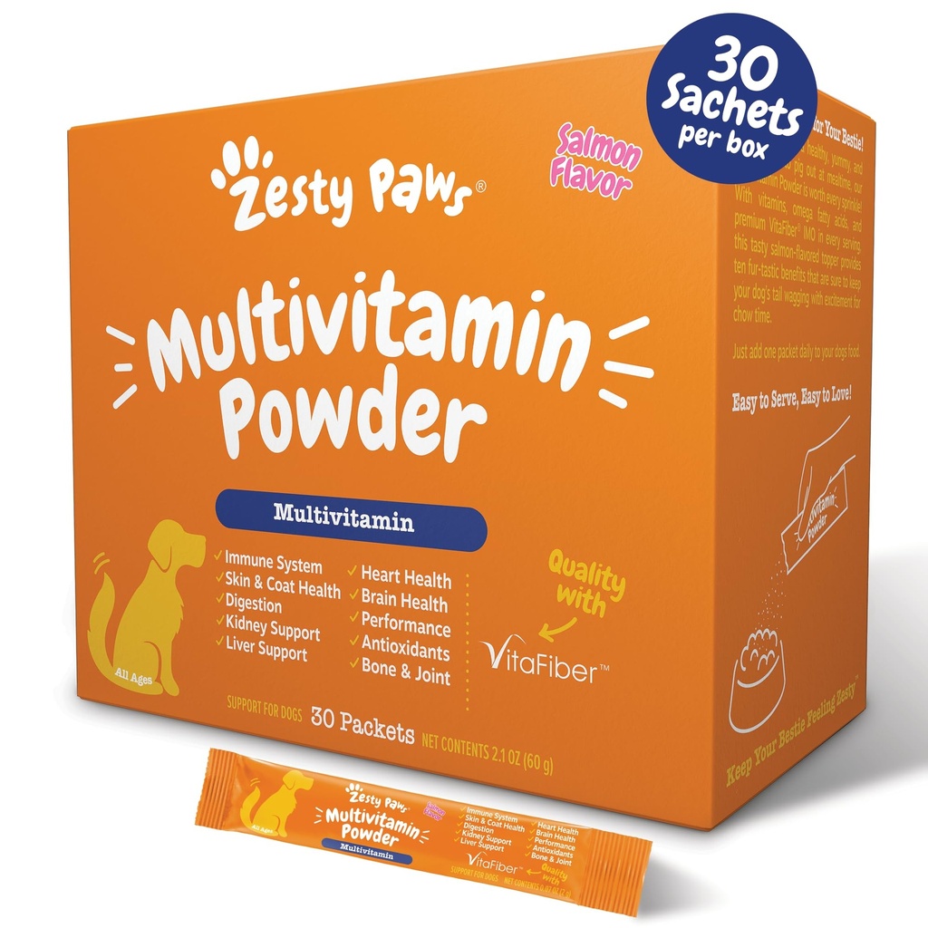 Zesty Paws 10- in-1 Dog Multivitamin - Gut, Imunitation, Joint, Skin & Coat Support, and More - Dog Vitamíny a doplňky Prášek - Pet doplňky s Omega Fish Oil & VitaFiber - Losos - 30 Ct