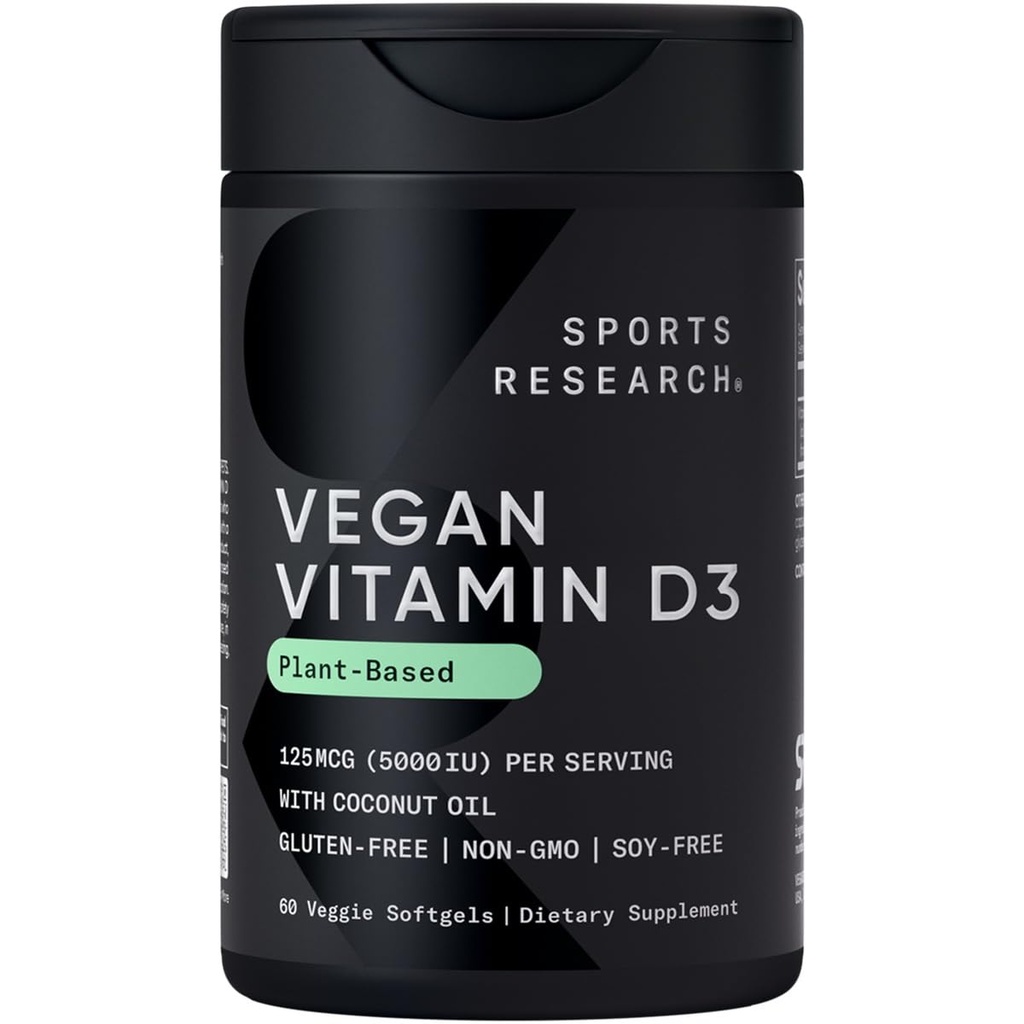 Sportovní výzkum Vegan Vitamin D3 5000IU (125 mcg) s Coconut Oil Oil 124; 100% Plant- based Vitamin D pro kosti, Joint & Imunitation Support Office 124; Carrageenan Free, Vegan Certified & Non- GMO ověřený (60 Softgels)