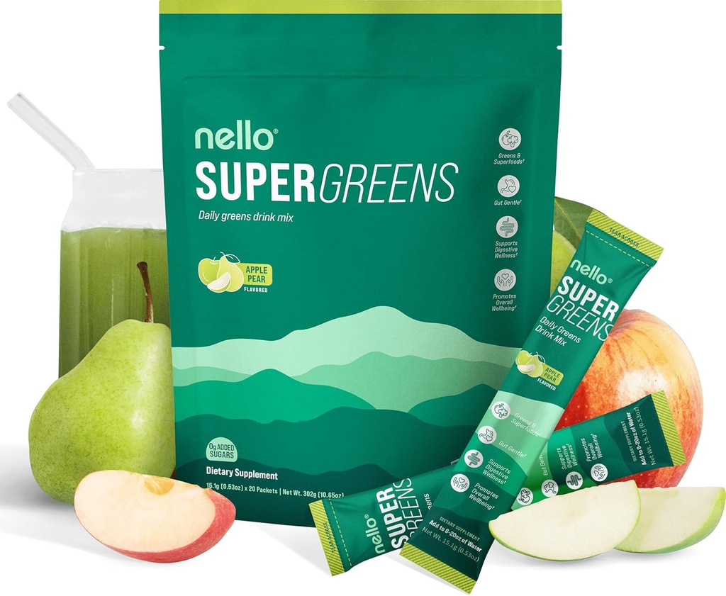 Nello Supergreens Superfood Drink Mix s Chlorella, Moringa, Špenát, Brokolice, Digestivní Enzymy, a Probiotika - Apple hruška Flavor, 20 Služebníků, cestovní balíček