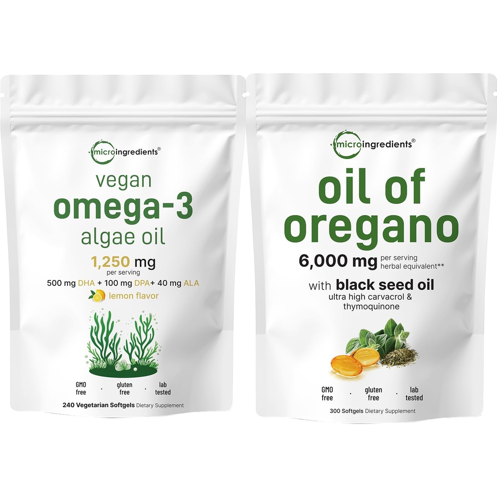 Micro Ingredients Oil of Oregano Softgels 300 Count & Vegan Omega 3 Řasy doplněk olej Bundle 2 Balení 124; Carvacrol & Thymoquinone Omega-3 Alternative