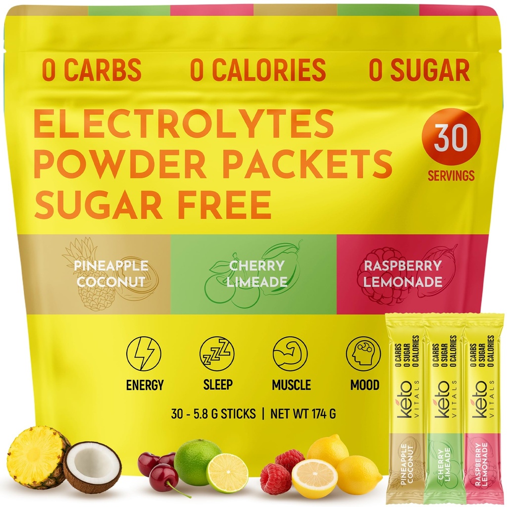 Keto Vitals Tropical Keto Electrolytes Powder No Sugar - Elektrolyty s draslíkem, hořčík, sodík, & vápník - Sugar Free Electrolyte Powder Packets Drink Mix & Hydration Powder, 30 Servings