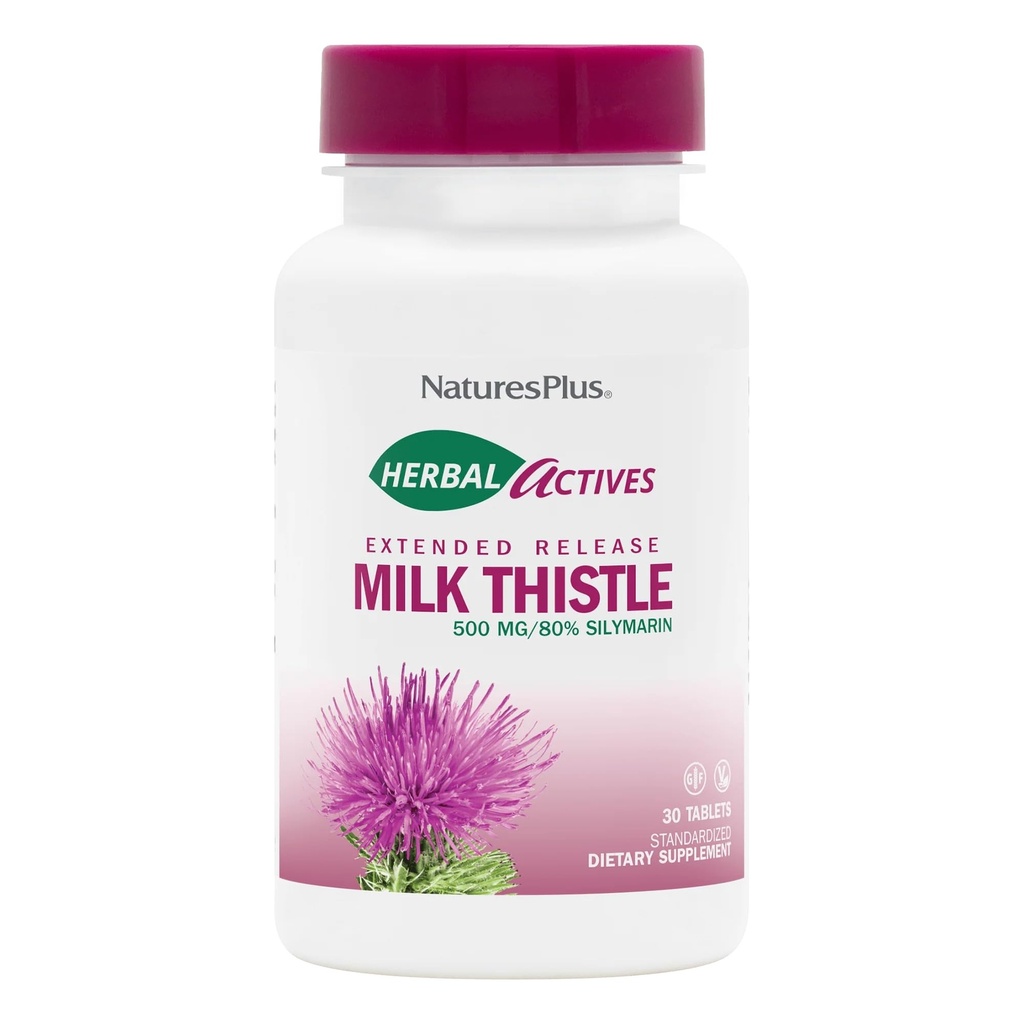 Natures Plus Bylinné Actives Milk Thistle, Extended Release - 500mg, 80% Silymarin, 30 Vegetariánských tablet - Bezlepkové - 30 Služeb