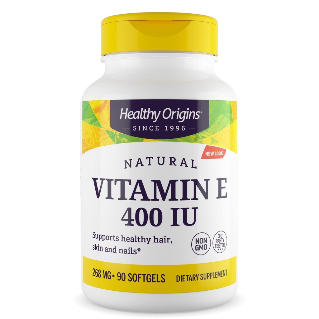 Zdravý původ Vitamin E 400 IU (přírodní, non-GMO, gluten zdarma, Kožní podpora, Kardiovaskulární podpora), 90 Softgels
