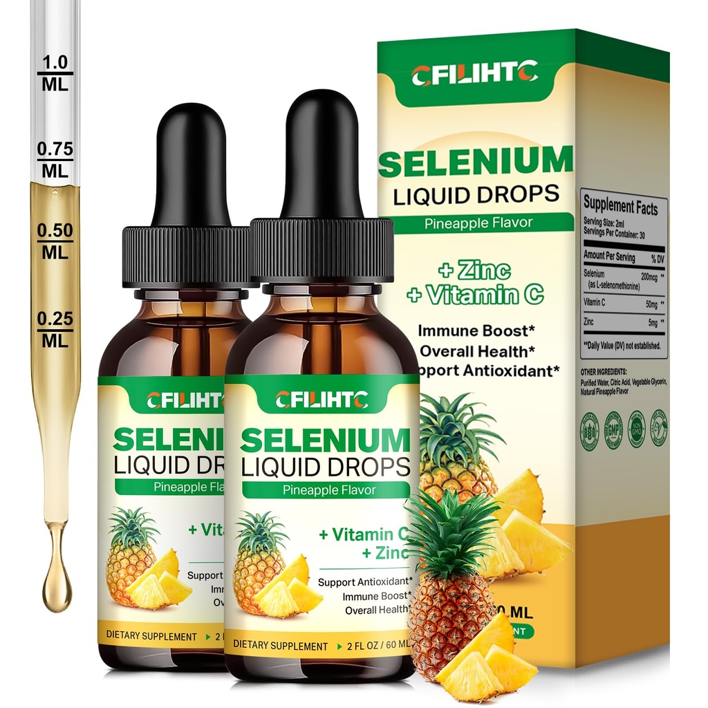 2 Pack Selen tekuté kapky, 200mcg tekuté selenium dodatek s vitamínem C & zinek, podpora imunitního systému, antioxidant & srdce zdraví, vysoká absorpce, ananasový flavor