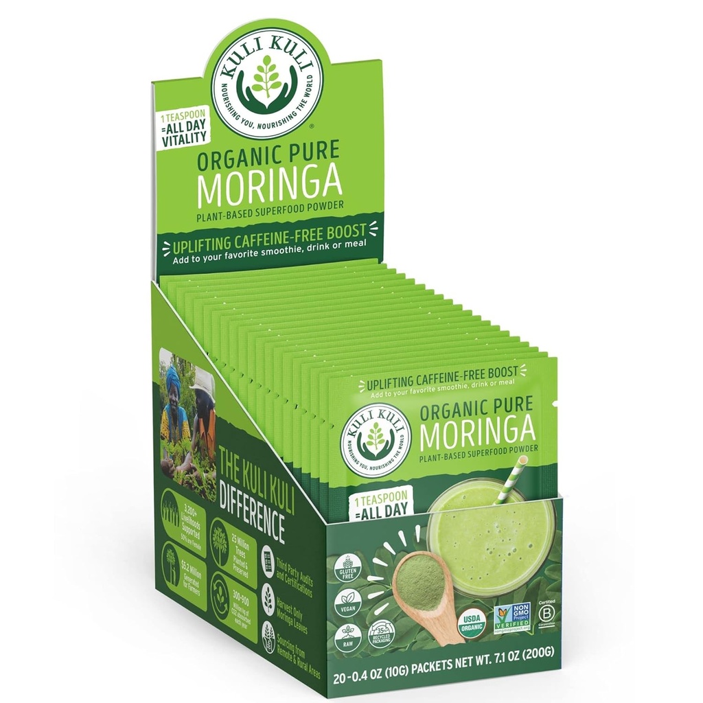 Kuli Kuli Moringa Oleifera Organic Leaf Powder & Green Smoothie, 100% čistý USDA Certified & Non- GMO Moringa Powder, Great with Smoothies, Tea, and Food, 0.4 Ounce, Pack of 20 (KK _ PM)