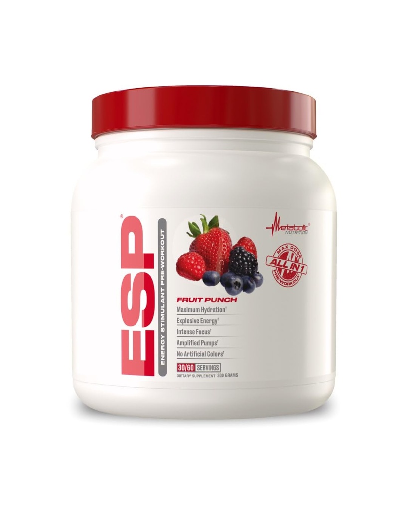 Metabolická výživa, ESP, Energie a vytrvalost Stimulace Pre Workout, Pre Intra Workout, High Energy and Mental Focus, Stimulační cvičení dodatek, Ovocný punč, 300 Grams (90 Služení)