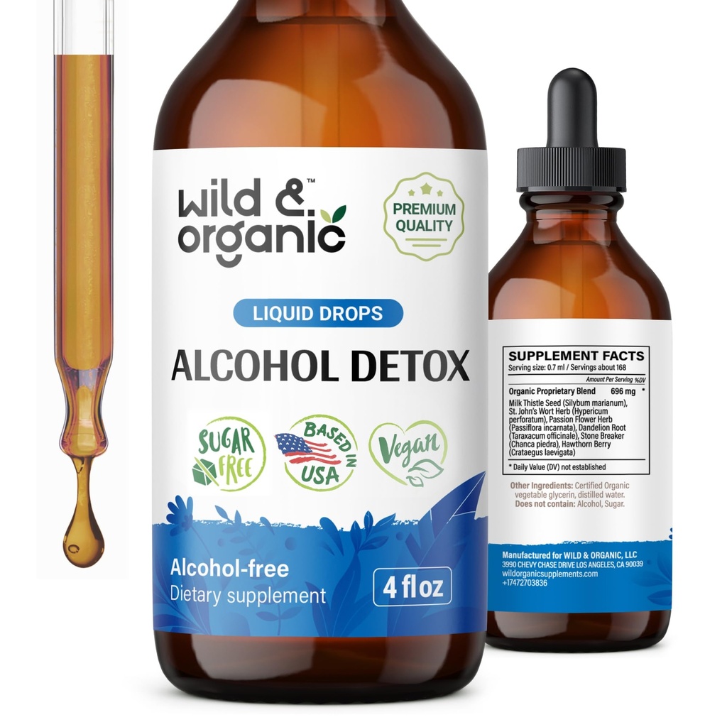 Wild & Organic Alkohol Detox Drops - Játra & Ledviny Čistota s mléčným Thistle, Chanca Piedra Stone Breaker - Anti Alkohol Complex pro jaterní čištění Detox - Vegan, No Sugar & Additives - 4 fl oz