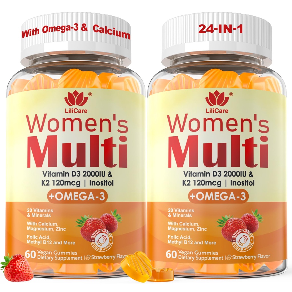 Womens Multivitamin Gummy s Omega 3 PHARDHA / EPA), Vitamin D3 K2, vápník, Inositol, Denní Womens Vitamin A C E B Complex, L- methylfolát, Methyl B12, bez cukru Metylované Multivitaminy Minerály, 120Cts