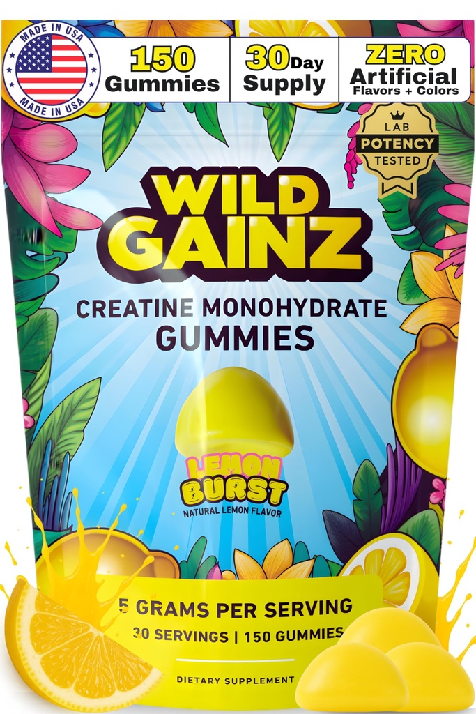 Kreatinové monohydrát Gummie pro muže a ženy 5000mg - Vyrobeno v USA, Testováno potencí, Vegan, Podporuje růst svalů, síla a kognitivní funkce, Non- GMO gluten- Free Lemon ochucené Creatine 150 Chews