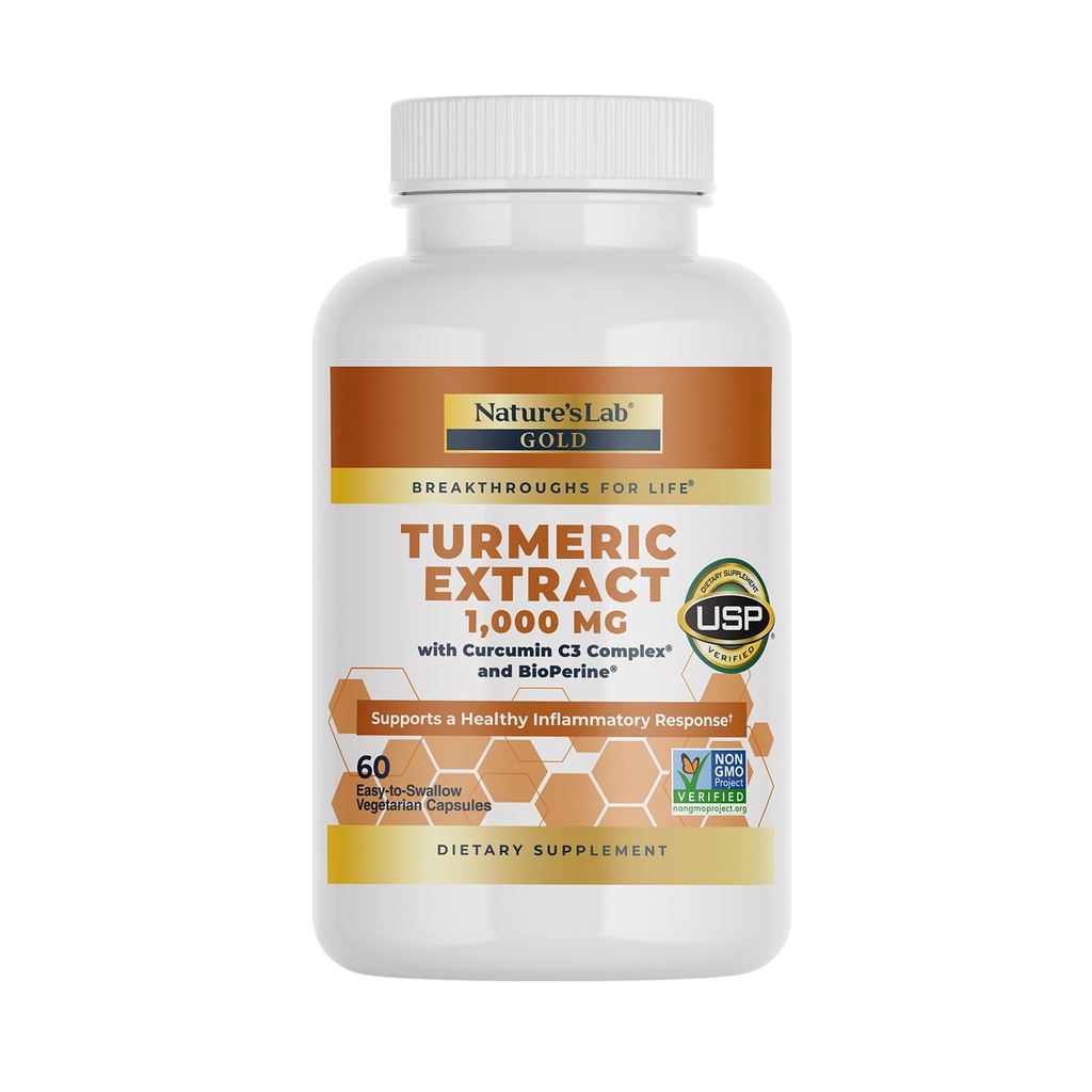 Nature 's Lab Turmeric Extract with Curcumin C3 & BioPerine 1000mg - Promotes Cardiovactical, Digestion and Imunitary Health - 60 Kapsle (30 Day Supply)